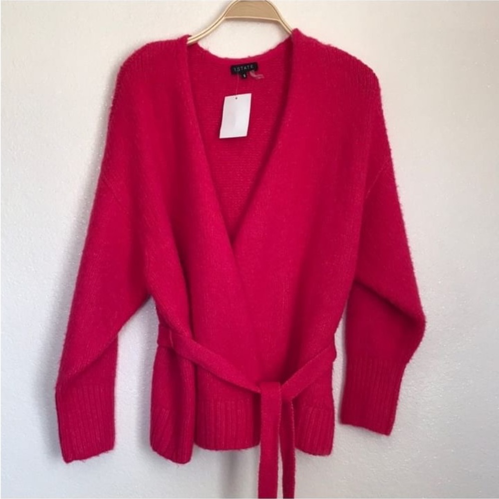 1. State bright Pink Knit Wrap Cardigan with Belt Cardigan 1.State hot pink card